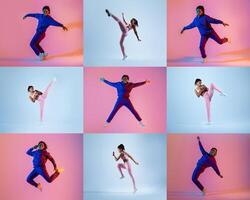 African American dancer demonstrates various energetic poses in a studio featuring colorful lighting. Backdrop alternates between pink and blue, enhancing the vibrant atmosphere of the performance. photo