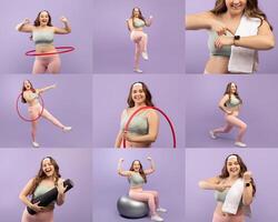 Overweight woman demonstrates multiple fitness routines in a studio, using items like a hula hoop, yoga mat, and exercise ball. Her joyful demeanor showcases enthusiasm for staying active photo