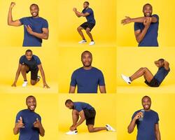 A man showcases different fitness exercises, including stretches and strength moves, on a vibrant yellow backdrop. Each pose highlights his workout routine and enthusiasm for fitness. photo