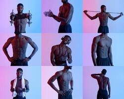 A fit black man demonstrates various strength training exercises in a vibrant studio. The colorful background enhances the focus on his muscular physique and workout routines throughout the series. photo