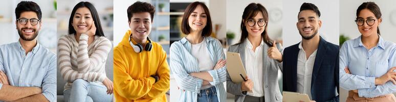 A diverse group of young professionals stands together in a bright office space, exhibiting confidence and warmth as they smile and engage with the camera. photo