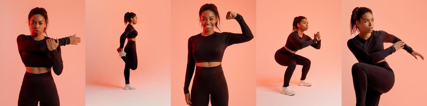africano americano mujer demuestra diferente aptitud ejercicios, incluso extensión, sentadillas, y brazo chinos, mientras vistiendo moderno ropa deportiva en un vibrante ajuste foto