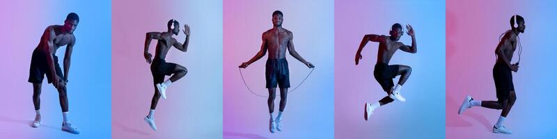 Black guy athlete performs various jump rope techniques in a vibrant setting, showcasing agility and strength. The colorful background enhances the dynamic movements during his workout routine. photo