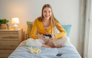 A teen girl sits cross-legged on her bed, smiling happily while holding a game controller. A bowl of popcorn rests beside her, and warm light fills the cozy room. photo