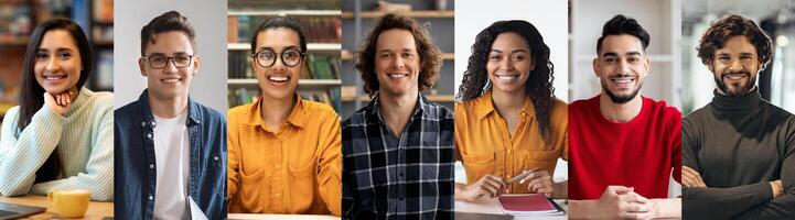 A group of seven young adults with varying backgrounds is smiling and interacting. They are seated in a bright indoor space, engaged in a collaborative project, showcasing a sense of teamwork. photo