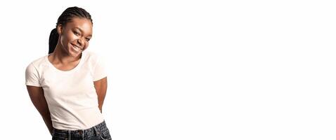 Cheerful Black Lady With Orthodontic Brackets Smiling To Camera Posing In Studio Over White Background. Blank Space For Text photo