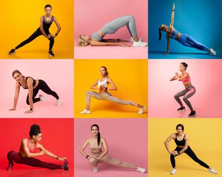 un vibrante monitor de mujer comprometido en diferente rutina de ejercicio rutinas, enfatizando fuerza y flexibilidad. el vistoso antecedentes mejorar el energético atmósfera de el formación sesión. foto