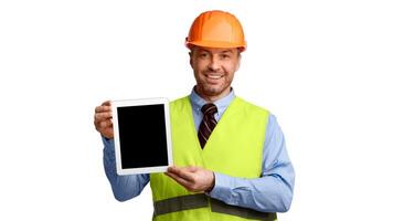 Construction Worker Showing Tablet Computer With Empty Screen Advertising Building Industry Services Standing Over White Studio Background. Building Technologies Concept. Mockup, Panorama photo