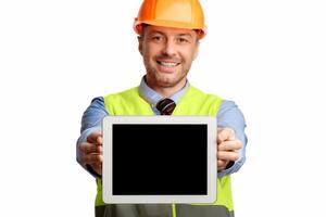 Cheerful Builder Man Showing Tablet Computer Screen Smiling To Camera Posing Over White Studio Background. Selective Focus, Mockup photo