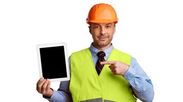 Professional Builder In Uniform Showing Tablet Computer Pointing Finger At Blank Screen Posing On White Studio Background. Online Building Service Ad, Look Here Concept. Mockup, Panorama photo