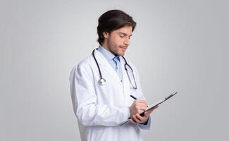 Young doc practitioner reviewing patient's medical history and taking notes to clipboard, standing over light background in studio, copy space photo