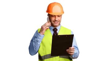 Male Builder Worker In Hardhat Talking On Cellphone Discussing Building Project Holding Folder Standing Over White Background. Construction Foreman Speaking By Phone. Panorama, Studio Shot photo
