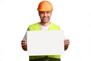 Construction Worker Showing Empty Poster Board Advertising Your Text Posing Standing On White Background In Studio, Smiling To Camera. Professional Builder's Service Advert. Mockup photo