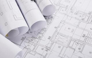 Plans of building. Architectural project background. Floor plan designed building on drawing, copy space photo