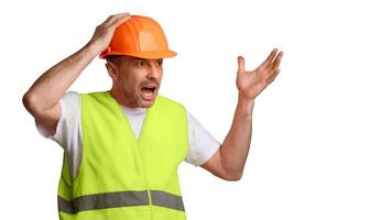 Building Problems. Angry Construction Foreman Worker Shouting Touching Hardhat Helmet And Gesturing Looking Aside Standing Over White Studio Background. Panorama, Copy Space photo
