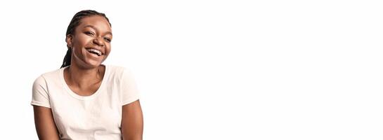 Joyful African Lady With Orthodontic Braces Laughing Smiling To Camera Posing Over White Background In Studio photo