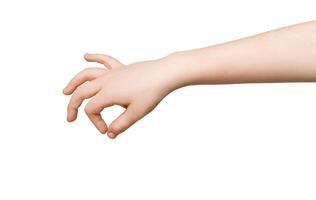 Kid hand making gesture while grab some items isolated on white, close-up, cutout, copy space photo