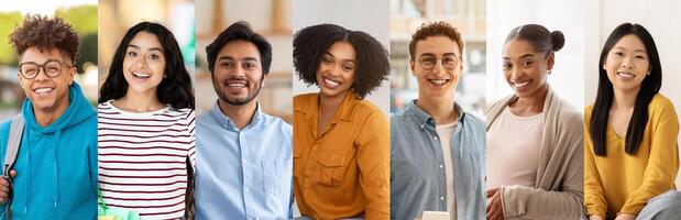 A cheerful gathering of diverse young adults stands together in a well-lit indoor space, each displaying bright smiles and casual attire, showcasing a sense of unity and friendship. photo