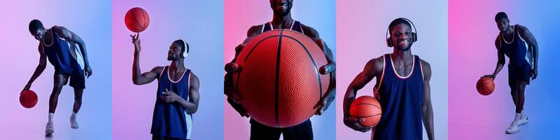 A young black athlete demonstrates his basketball skills while wearing headphones. He showcases multiple poses with a basketball, emphasizing his passion and confidence in a colorful studio setting. photo
