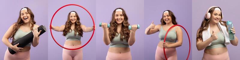 Overweight woman enthusiastically participates in various fitness activities at home, showcasing exercises with a yoga mat, hula hoop, dumbbells, and water bottle, all while maintaining demeanor. photo