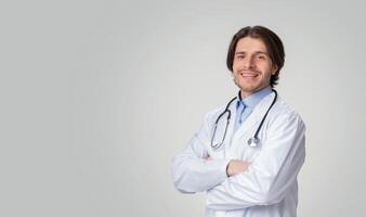 Portrait Of Smiling Medical Adviser Wearing White Coat And Stethoscope And Posing Over Light Background, Panorama With Copy Space photo