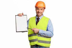 Building Career. Construction Worker Offering To Sign Labor Contract Holding Folder Posing Over White Studio Background. Mockup photo