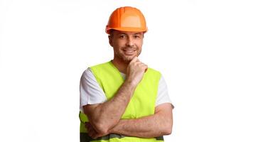 Construction Worker's Portrait. Builder Worker Man In Orange Uniform And Hardhat Posing Smiling To Camera Standing Over White Background. Professional Builder Profession. Studio Shot, Panorama photo
