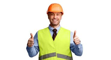 Cheerful Construction Worker Gesturing Thumbs-Up Posing On White Studio Background, Smiling To Camera. Great Repair And Building Service Advertisement Concept. Panorama photo