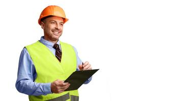 Builder Workman Standing Holding Folder Taking Notes Looking Aside At Copy Space Posing Over White Studio Background. Building Documentation, Housebuilding Service Advert Concept. Panorama photo