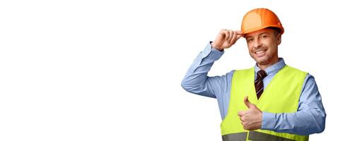 Happy Builder Man In Uniform Gesturing Thumbs Up Approving Building Posing Standing On White Background. Studio Shot, Panorama. I Like Building Industry Concept photo