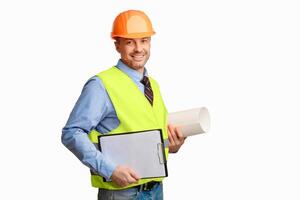 Building Plan. Architect Holding Project Papers And Folder Smiling To Camera Standing On White Studio Background. photo
