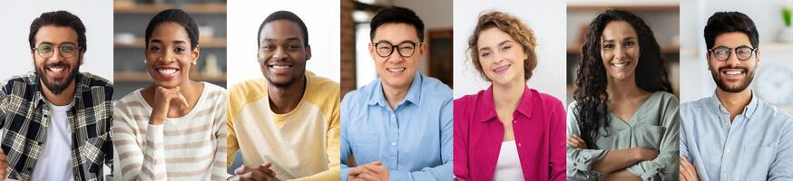 Seven young professionals, representing various backgrounds, smile warmly at the camera in a modern office environment, creating an atmosphere of teamwork and positivity. photo