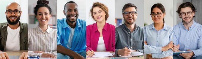 A diverse team of six professionals from different backgrounds is smiling and engaging in conversation in a bright, modern office. They appear collaborative and friendly. photo