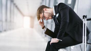 Delayed Flight Concept. Depressed Man In Glasses Sitting With His Suitcase At Airport Terminal, Copy Space photo