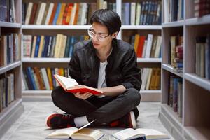 Studying Hard. Focused asian male student sitting on the floor at campus library, reading a book, copy space photo