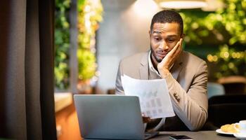 Problems At Work. Shocked black manager reading market reports, looking at charts, using laptop, copyspace photo