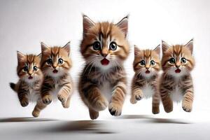 Five kittens running in a line with one looking up photo