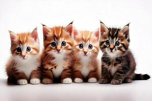 Four kittens sitting in a row on a white background photo
