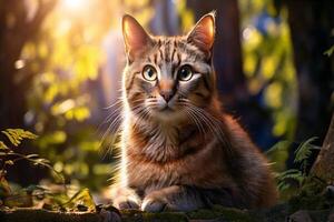 A cat sitting in the woods with the sun shining photo