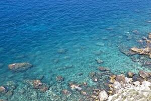 Aerial view of rocks on the sea. Overview of the seabed seen from above, transparent water photo