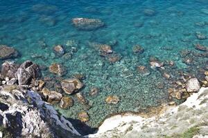 Aerial view of rocks on the sea. Overview of the seabed seen from above, transparent water photo