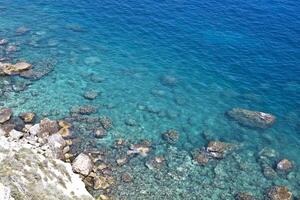 Aerial view of rocks on the sea. Overview of the seabed seen from above, transparent water photo