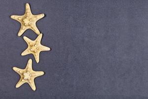 Top view of three starfish on black background. photo