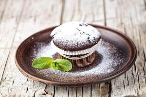 Fresh chocolate dark muffin with sugar powder and mint leaf on brown plate. photo