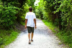 Man walking on path in summer green park. Peaceful atmosphere. Rest from loud city. photo