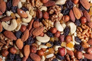 Mixed Nuts. Almonds, Walnuts, Cashews, Peanuts, Hazelnuts, Dried Prunes and Raisins. Different Nut Mix. Background from Various Nuts and Dried Fruits photo