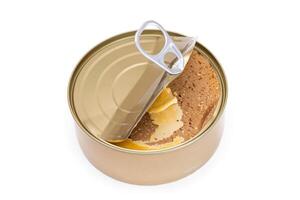 Opened Tin Can with Chicken Liver Pate Isolated on White Background. Open Canned Pate - Isolation photo