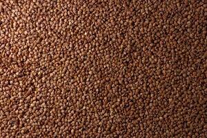 Dry Uncooked Brown Buckwheat Groats Background - Top View, Flat Lay. Raw Large Buckwheat Grains. Russian, Ukrainian and Belarusian Culture photo