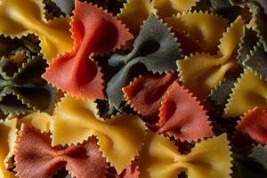 Uncooked Vibrant Colored Farfalle Pasta. A Culinary Canvas of Multicolored Bow-Tie Macaroni, Creating a Lively and Textured Background for Gourmet Cooking Enthusiasts. Colored Dry Pasta. Raw Macaroni photo