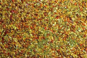 Vibrant and Colored Vegetable Seasoning Mix. A Culinary Canvas of Aromatic Seasoning - Textured Background for Gourmet Cooking. The Harmonious Combination of Fresh Herbs and Spices - Top View photo